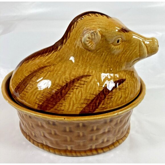 Vintage Majolica Covered Wild Boar Pig Ceramic Casserole Tureen Portugal - Picture 1 of 12
